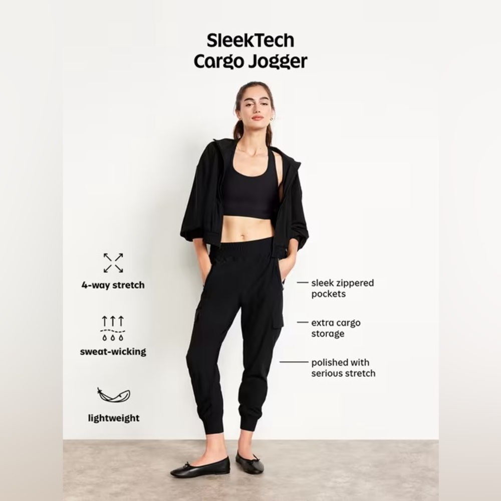 NWT! Old Navy Black High-Waisted SleekTech Cargo Joggers - Small Petite 🏸